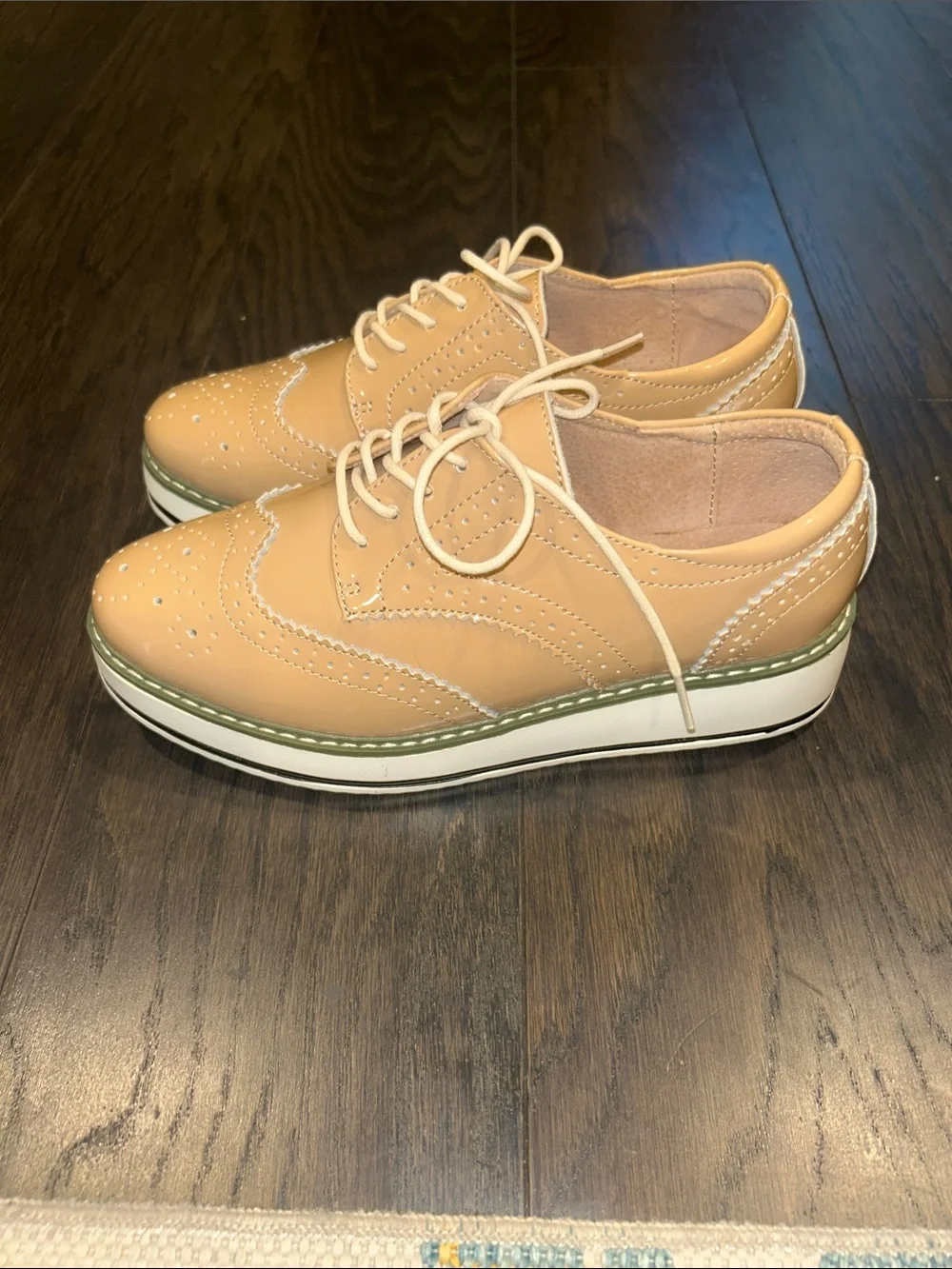 Platform Wingtip Derby Oxfords in Tan Patent